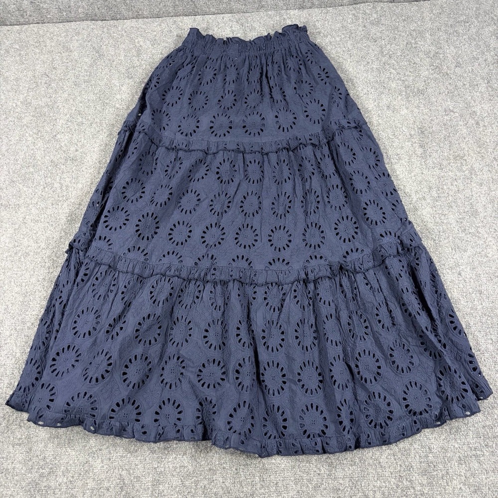 Tuckernuck Eyelet Skirt XS Navy Blue Tiered Maxi Prado Boho